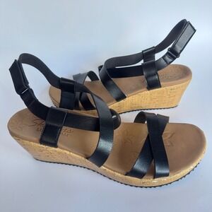 Skechers Luxe Foam Black Wedge Sandals Adjustable‎ Strap Comfortable Shoes Sz 10